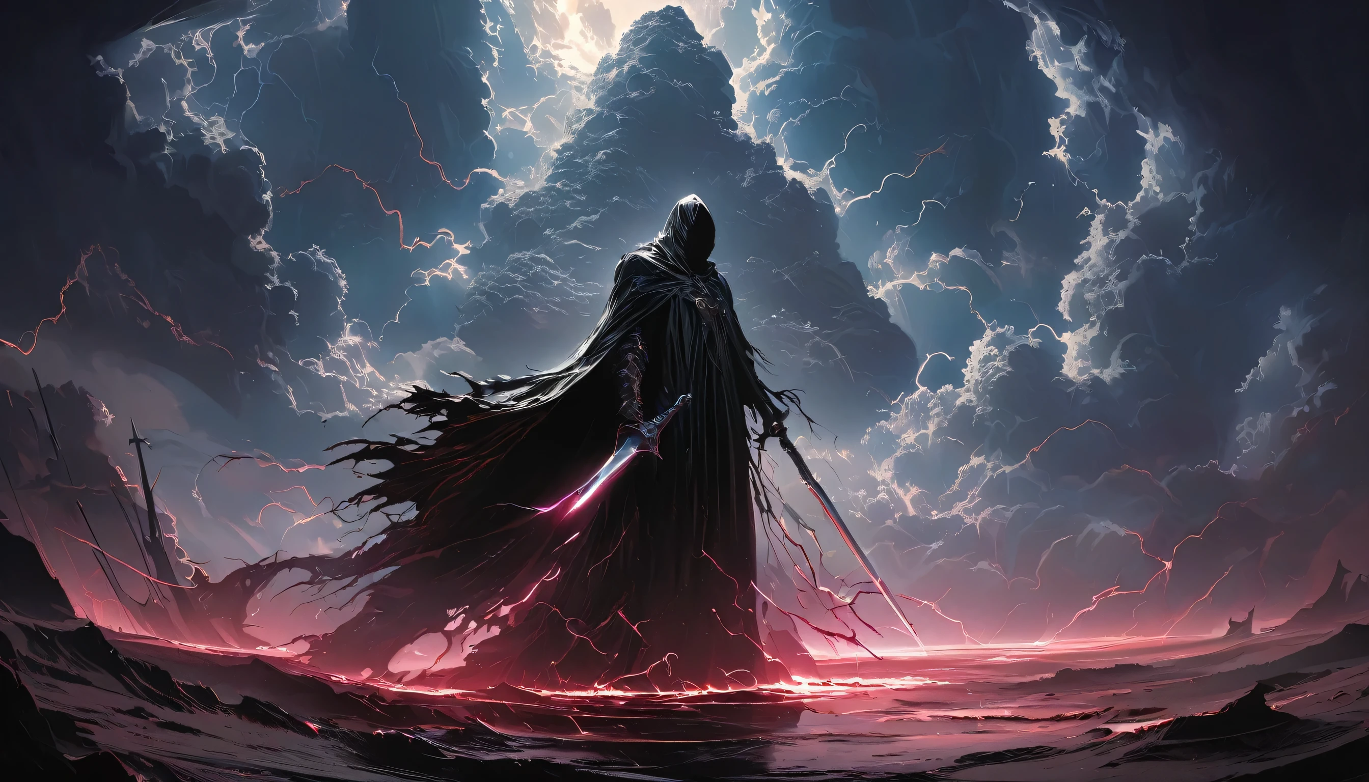 (masterpiece, best quality:1.2), Death in the End Times,cloak,Holding a white long knife,moonlight,heavily clouded,Thunder and lightning,White Thunderstorm, Dark fantasy illustration style , Dark Arts, High contrast, Dark Shadows, Atmospheric perspective, Melancholic colors, Thin Film Component, Volumetric Lighting, number, Brushstrokes, Dramatic Lighting, Low angle shot, Surrealism, Very detailed, Surrealism