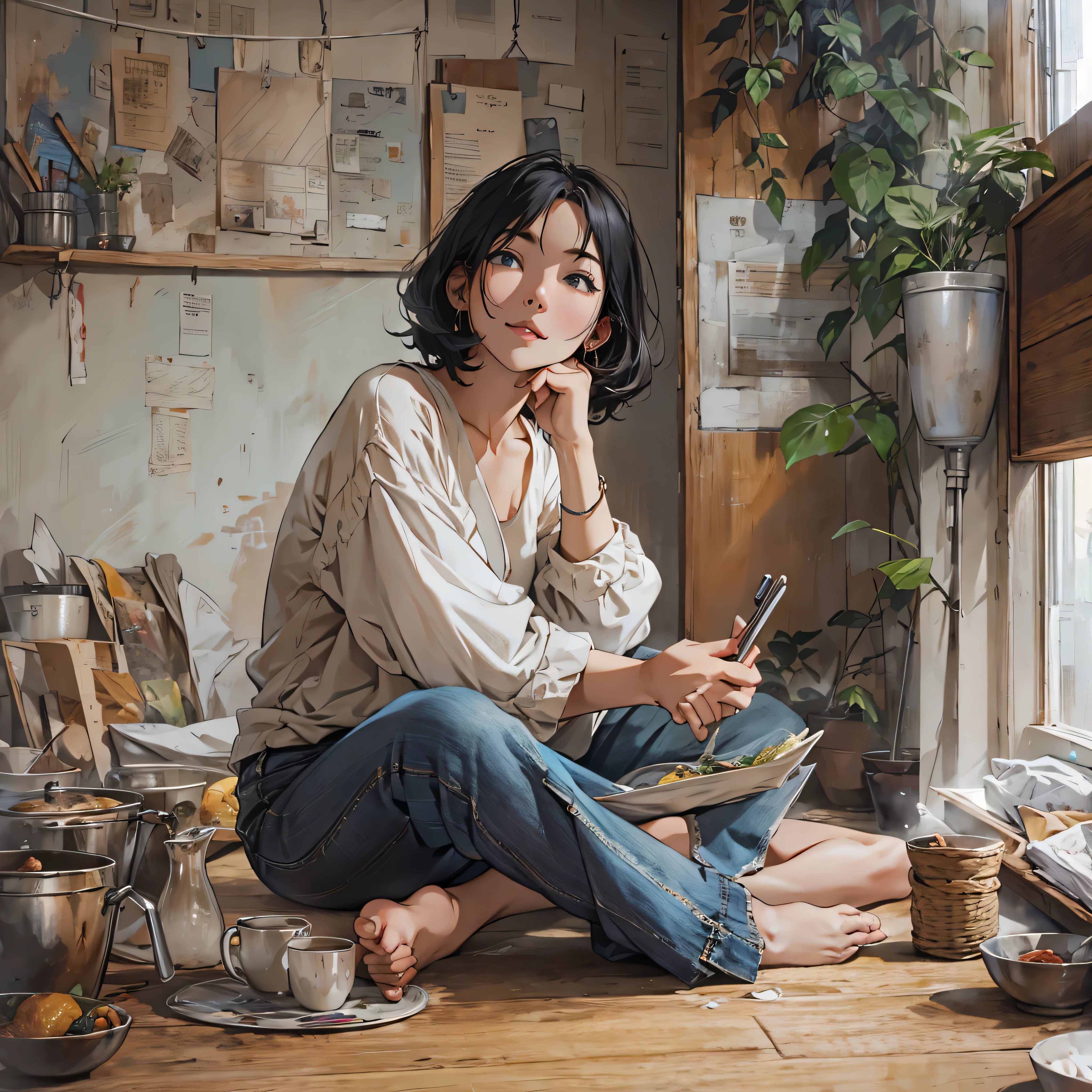 A woman enjoying living alone。Be original, creative and cool。