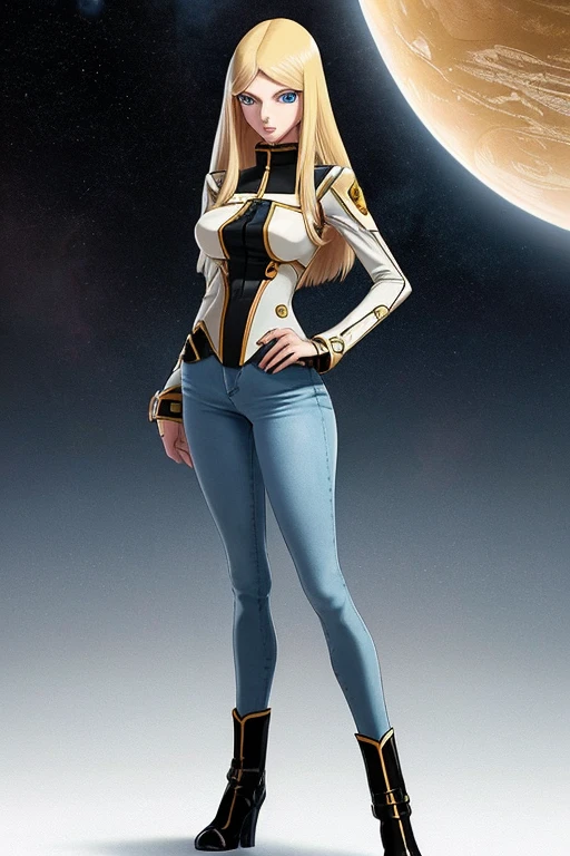 Anime style female character inspired by vintage space opera aesthetics, with elongated facial features, 165 cm tall, having blond, waist-length, wavy hair with V bangs, and blue eyes. She is wearing tight skinny jeans with high boots over them, adding an equestrian touch to her ensemble. The character's design reflects a blend of space opera elements and a realistic body proportion, highlighting her strong yet feminine presence.