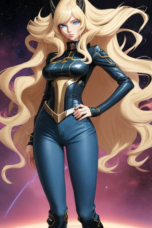 Anime style female character inspired by vintage space opera aesthetics, with elongated facial features, 165 cm tall, having blond, waist-length, wavy hair with V bangs, and blue eyes. She is wearing tight skinny jeans with high boots over them, adding an equestrian touch to her ensemble. The character's design reflects a blend of space opera elements and a realistic body proportion, highlighting her strong yet feminine presence.