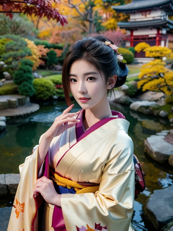 (Highest quality、 8k 、masterpiece、High resolution)、 Japanese painting、Vibrant colors、A woman wearing a kimono、Hands on chest、(Detailed face,Beautiful Face,Beautiful Eyes,Beautiful nose,Pretty lips)、Dynamic painting technique、Japanese garden、Autumn scenery、autumn leaves、Starry Sky、Susuki、Detailed Description、