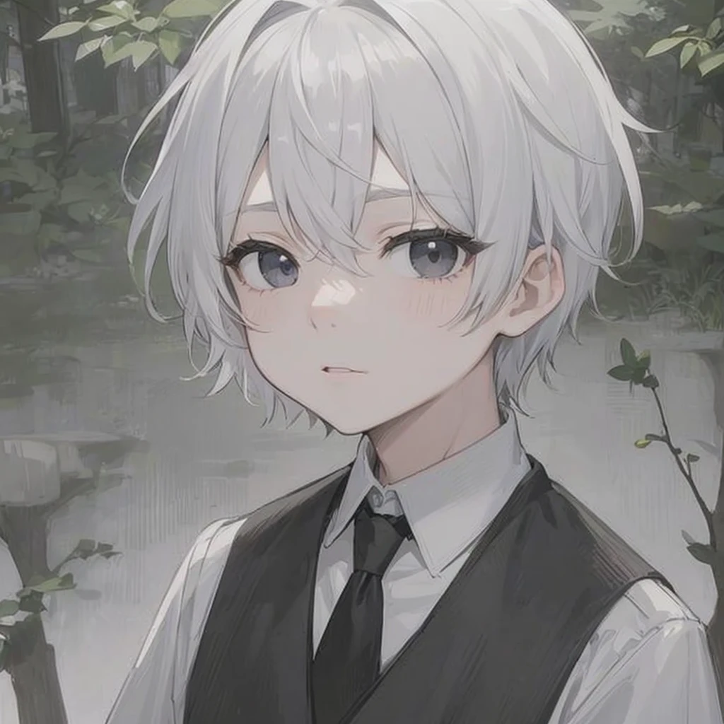 1 little 9-years-old Boy, short white hair, black eyes, wearing white shirt, black vest, forest, absurd, high res, ultrasharp, 8K, masterpiece, looking at viewer
