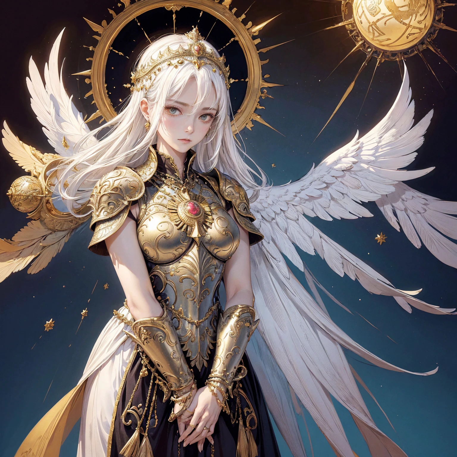 Art of elderly mature woman wearing sun crown, wearing ornate breastplate that exposes a small amount of skin above the chest, wearing golden long dress, armored angelic white wings spread out behind the woman, ancient goddess art, Sacredness. Very detailed, Mysterious inspiration, Inspiration from the Sun God, Religious inspiration, Cold and snobbish face, No smile, Dangerous impersonal expressions, White hair, Standing, Full body portrait, Gothic art style, Weird art style, Occult art