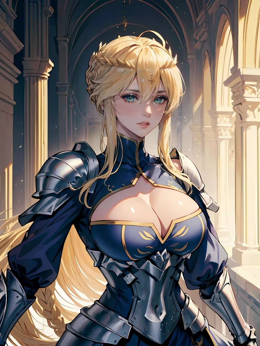 Artoria Lancer, Mulher Madura, elegante, cabelo loiro, olhos verdes, Curvilíneo, coroa, Ombro nu, tronco, Resolução 4k, alta qualidade, Hyperresolution，accuracy，Detailed rendering，（Subtle facial image）（Image of fine hair）（topquality）（Masterpieces of masters）（High degree of completeness）（A sense of atmosphere）tmasterpiece，Super detailed and super detailed（portrait), long blonde hair, (((twin braids)))(((ANKLE LENGTH HAIR))) (((Sakimichan))) (((blonde)))((Armor)) ((Halberd))) (((warrior)))