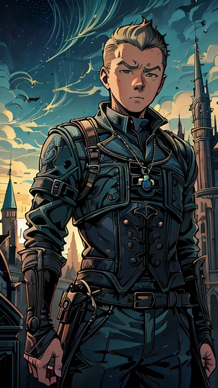 (Teens:1boy: Tintin,gothichorrorai), (extremely detailed CG unit 8k wallpaper),(master part), (best quality), (ultra detali), (best illustration),(melhor ombre), cowboy shot, (Sharp eyeliner, ombre, detailedeyes:1), midnight, dark, Gothic castle background, ,break , (star15escola:1.2), upper body,short hair, grey hair, 1man, Tintin,1boy, blue top, brown pant