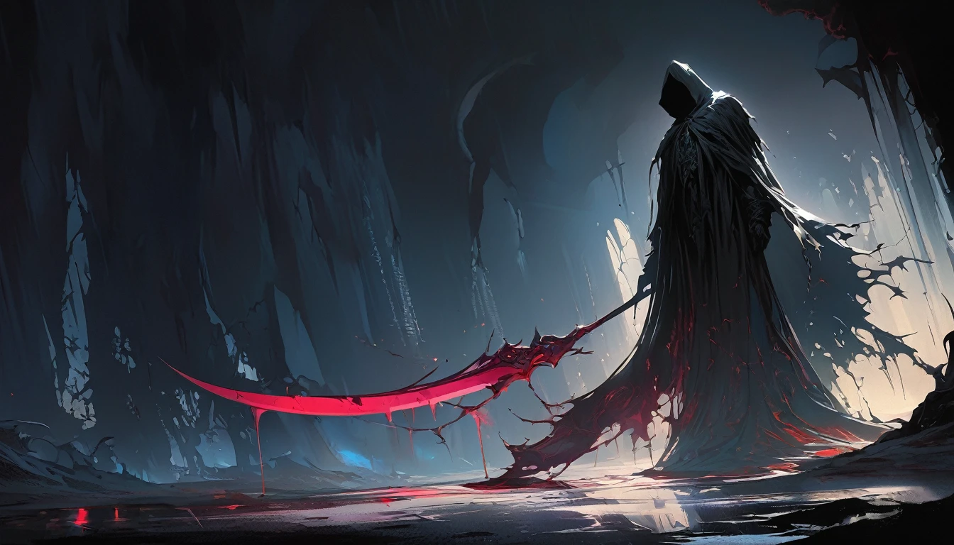 (masterpiece, best quality:1.2), Death in the bedroom,cloak,Holding a red scythe, Dark fantasy illustration style , Dark Arts, High contrast, Dark Shadows, Atmospheric perspective, Melancholic colors, Thin Film Component, Volumetric Lighting, number, Brushstrokes, Dramatic Lighting, Low angle shot, Surrealism, Very detailed, Surrealism