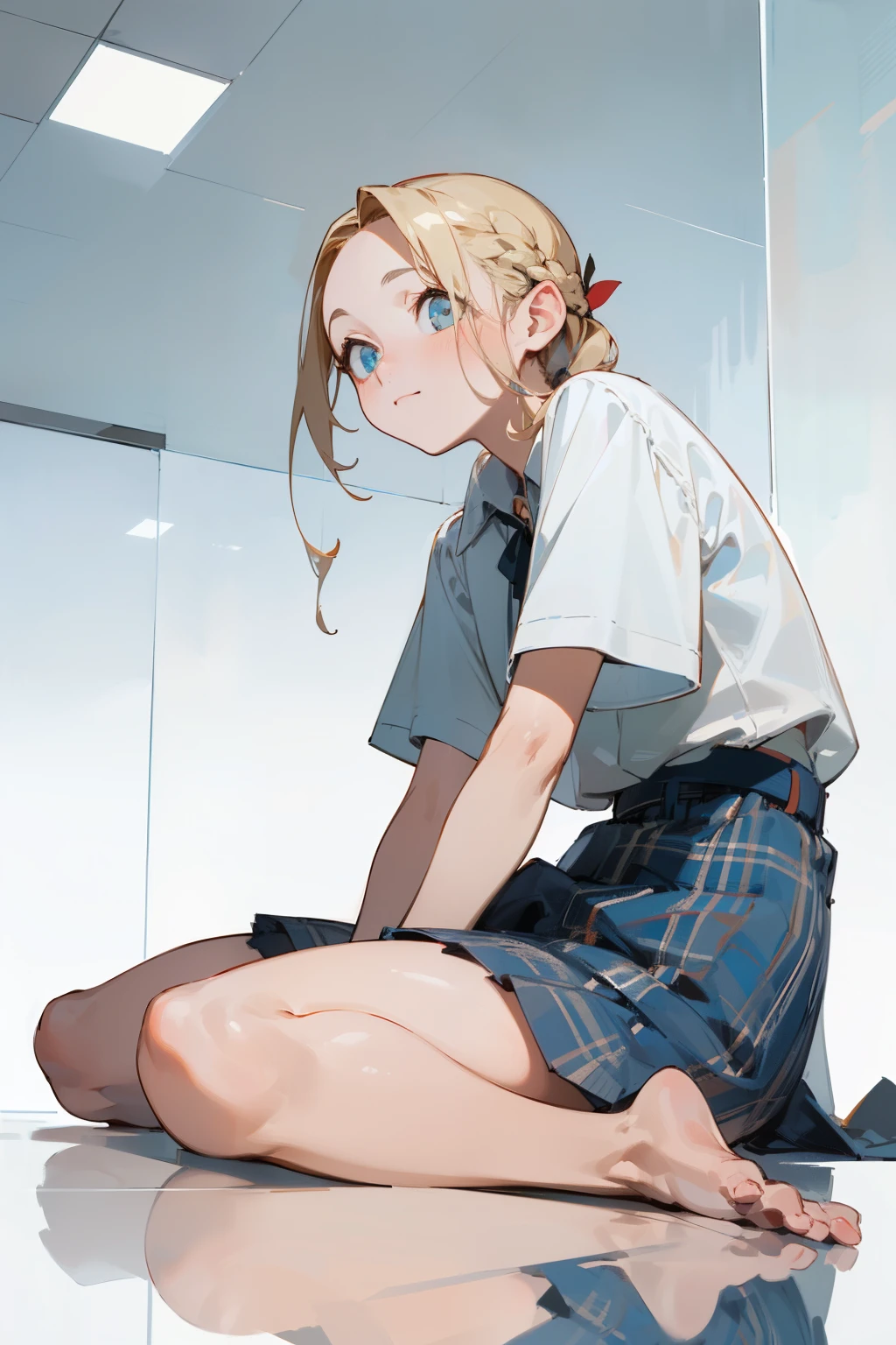 (masterpiece, best quality, super detailed, beautiful details eyes, Clean and delicate face), 1 lady, solo, (from below, full body, sitting on the transparent glass floor, knees to chest), Single Braided blonde pony tail, parted bangs, forehead, blue eye, slight smile, white short sleeve shirt, mini plaid skirt, thigh, barefoot, simple color background