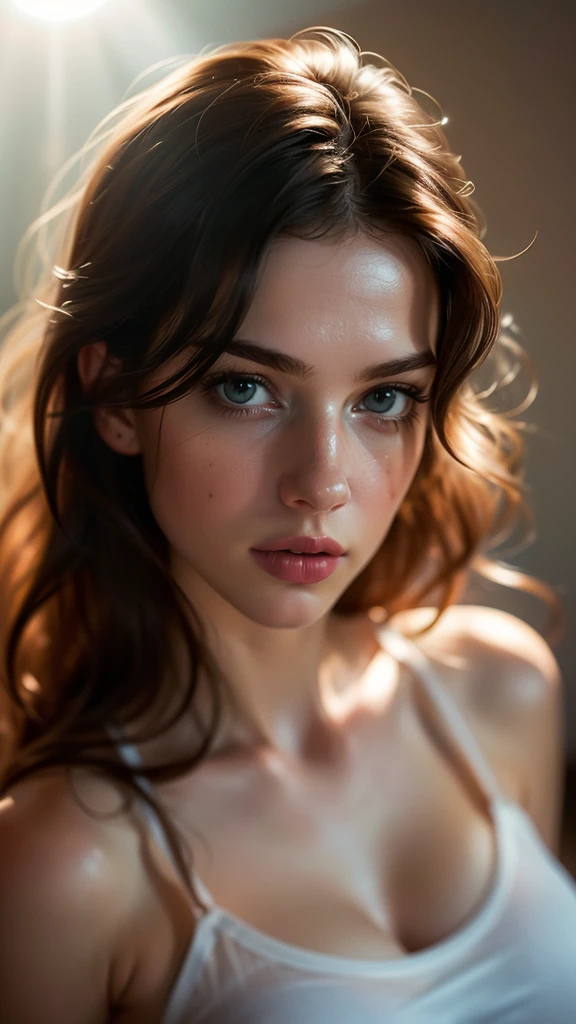 (((ultra realistic))) Photo, masterpiece, top quality, (pale skin), (Ultra detailed face and eyes:1.3), 1 girl, Adult, in a T-shirt, (Eye makeup, mascara) , ((large detailed lips)), ((ash wavy hair)), ((Chyolka)) , (Natural breasts), Slim waist. ((Posing)), photoshoot, studio (soft lighting), (The play of light and shadows), depth of field, bokeh, (special attention to skin detail: 1.2), Detailed leather texture, skin pores. (Airy atmosphere of the frame. Color range - delicate, Bright, white, Pink tones), UDR, ((Film grain)), ((rays)), ((glare of the sun)), ((waist up portrait, close to the camera)) , ultra detialed,