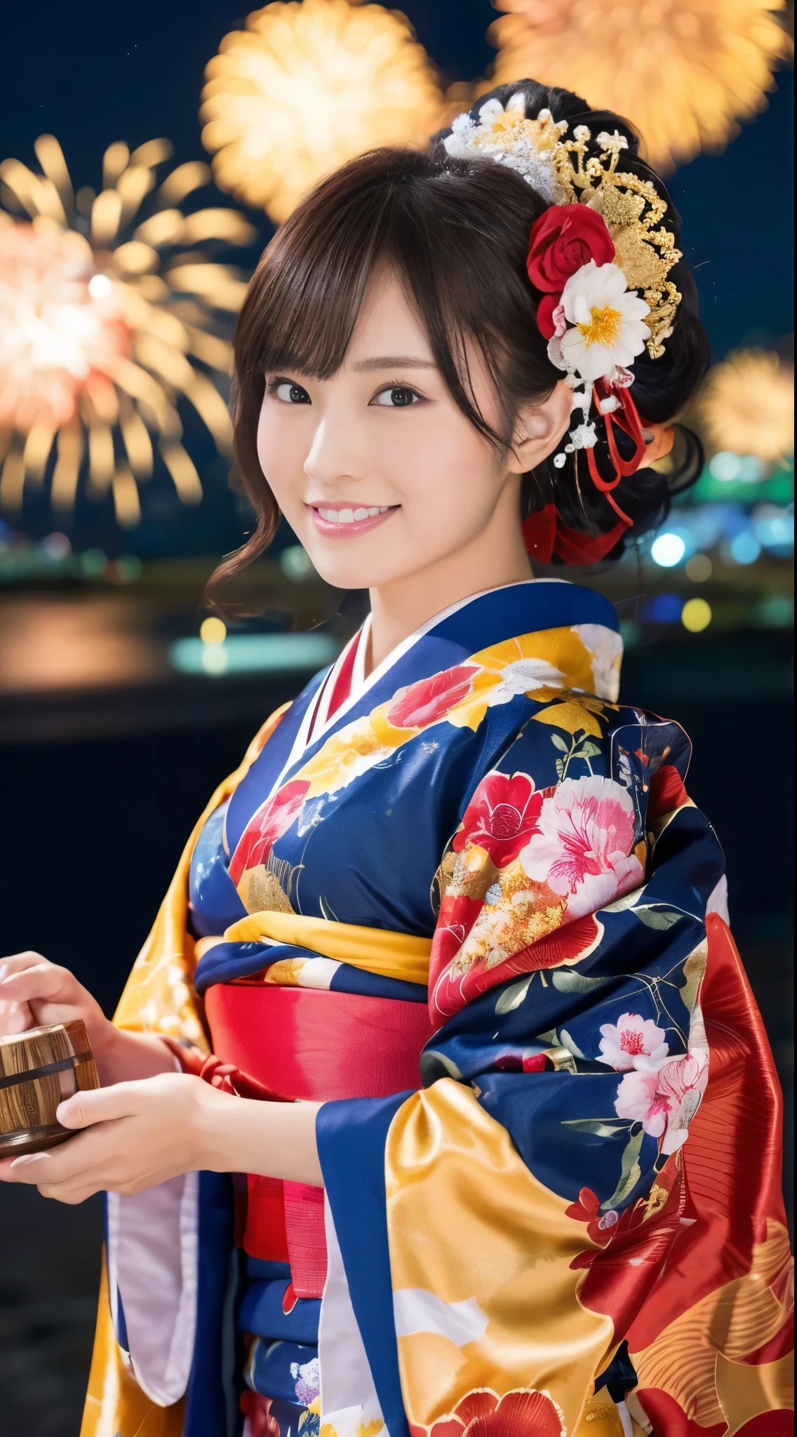((masterpiece(:1.4),Highest quality,Ultra-high resolution,Highest quality,8k,Extremely detailed,In detail))。night,Fireworks display,Summer festival,Oiran Makeup,Japanese,Long-sleeved kimono,Hair tying,hair ornaments,hairpin,geta,A beautiful woman,Gorgeous and luxurious,(Fireworks displayのnightに河川敷で花火を背景にしたスナップ写真),Hyper Quality