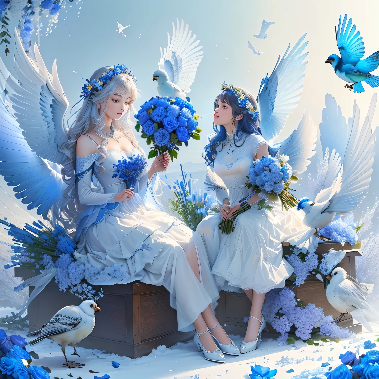 Two birds sitting on a bouquet of flowers, Blue white, Beautiful and gorgeous digital art, Beautiful digital art, Beautiful art UHD 4K, HD Wallpapers, beautiful flowers and crystals, Blue flowers accents, Blue flowers, very Beautiful digital art, 4k highly detailed digital art, cold blue colors, Beautiful digital artwork, Many birds and roses flying around