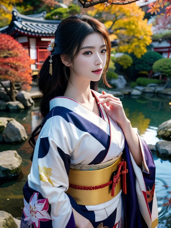 (Highest quality、 8k 、masterpiece、High resolution)、 Japanese painting、Vibrant colors、A woman wearing a kimono、Hands on chest、(Detailed face,Beautiful Face,Beautiful Eyes,Beautiful nose,Pretty lips)、Dynamic painting technique、Japanese garden、Autumn scenery、autumn leaves、Starry Sky、Susuki、Detailed Description、