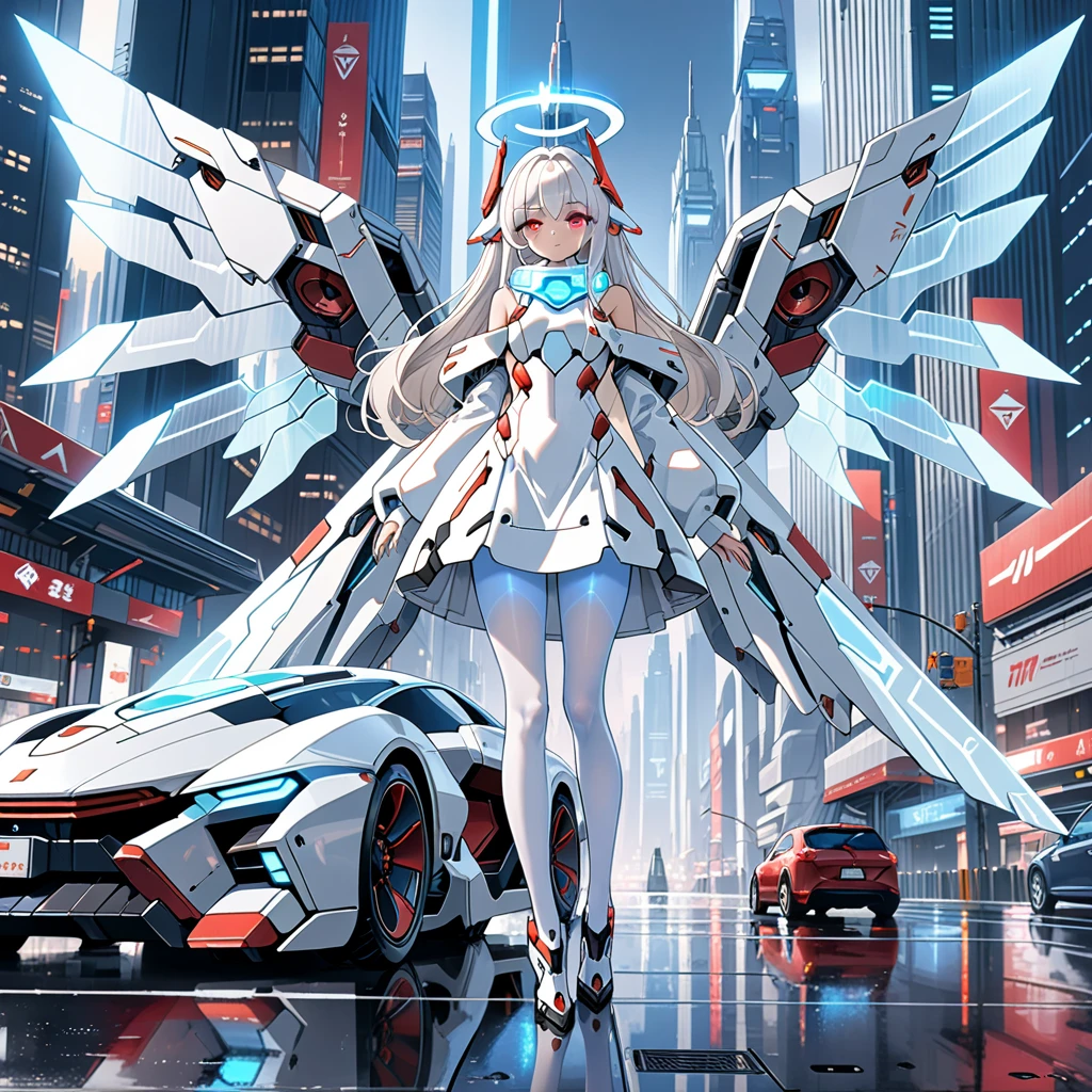 masterpiece, highest quality, highest resolution, clear_image, detailed details, white hair, long hair, 1 girl, car ears, red eyes, 32 futuristic wings, futuristic halo, white sci fi mecha dress, white scarf (around the neck withn a light blue glow), white pantyhose, full body, no water marks, city