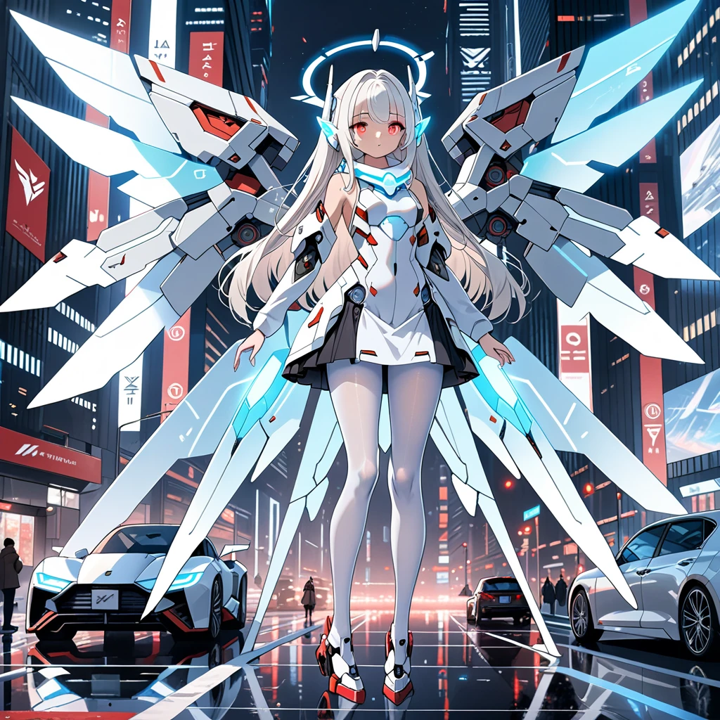 masterpiece, highest quality, highest resolution, clear_image, detailed details, white hair, long hair, 1 girl, car ears, red eyes, 32 futuristic wings, futuristic halo, white sci fi mecha dress, white scarf (around the neck withn a light blue glow), white pantyhose, full body, no water marks, city