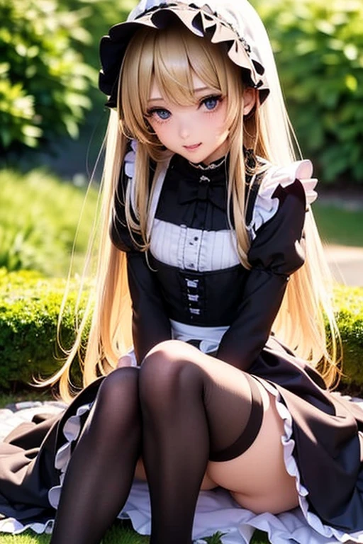 #基本 
A girl is posing for a photo, ((One Girl)), (((Baby Face:1.2)) + ((cute:1.3))), 
#A girl is posing for a photo, ((One Girl)), (((Baby Face)) + ((cute)) + 16 years old), 
break 

#Clothing Accessories 
(((Black and white:1.4)Gothic Lolita style maid outfit) : Elegant + (Baroque Dress) + Gothic Lolita Fashion + Dark Gothic Lolita + (Black and white)jabot + (black corset) + ((Black and white)Headdress) + ((Black and white)bonnet) + (White apron)) + (Black Pantyhose:1.4) + (Black High Heels), 
red gem earrings, 
break 

#Features 
((Blonde:1.4)), (Straight bangs + trimmed bangs), (Long Hair : Long Hair + Straight hair + Straight side hair),  
(Droopy eyes, blue eyes), (Very small breasts), 
break 

#background environment 
(noon, (The garden of a large Western-style mansion + grass + Sunlit rose garden)), 
#Facial Expression Pose 
((Smiling loudly, blush), (Confident and elegant appearance, (grassの上に座っている), (Sitting with knees up:1.2))), 
#composition 
(To the camera, Focus from the front, (Full Body Shot)),  
break 

#Body parts elements 
(Slim figure), 
(Detailed Hair, Beautiful Hair, Shiny Hair), 
(double eyelid, Long eyelashes), 
(Expression of fine eyes, Beautiful and delicate eyes, Sparkling eyes, Eye Reflexes, Glitter Eyeliner, Big eyes:1.2), 
(Human Ear), 
(Beautiful Nose, Thin Nose), 
(Glossy Lips, Beautiful Lips, Thick lips, Glossy Lips, Natural Cheeks), 
(Detailed face, Symmetrical facial features), 
(Detailed skin, Textured skin, Beautiful Skin, Glowing Skin), 
break 

#Quality Image Quality Common 
(((Highest quality)), ((masterpiece)), ((Very detailed))), ((High resolution)), ((16K,1080P)), 
(Anatomically correct), (Realistic), (3DCG), 

#Quality image illustration 
((comics, anime)), CG illustration, 
