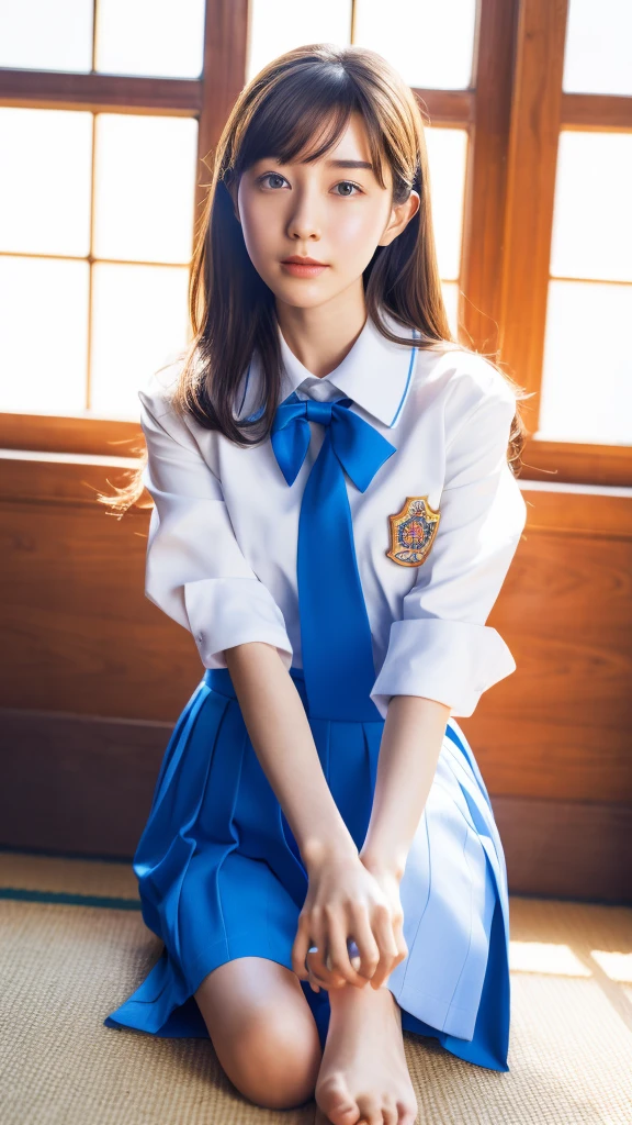 ulzzang-6500-v1.1, (Raw photo:1.2), (Photorealistic:1.4), Beautiful detailed girl, Very detailed eyes and face, Beautiful detailed eyes, Ridiculous, Incredibly ridiculous, Ultra detailed, High resolution, Very detailed, Best quality, Masterpiece, ((Japan girls' high school uniform)), In the classroom, by the window and outside the blue sky, unified, 8k wallpaper, fantastic, fine detail, masterpiece, top quality, highly detailed cg uniform 8k wallpaper,movie lighting, 16 year old girl, (dynamic pose))), (camel toe), (knee bending leg sitting))