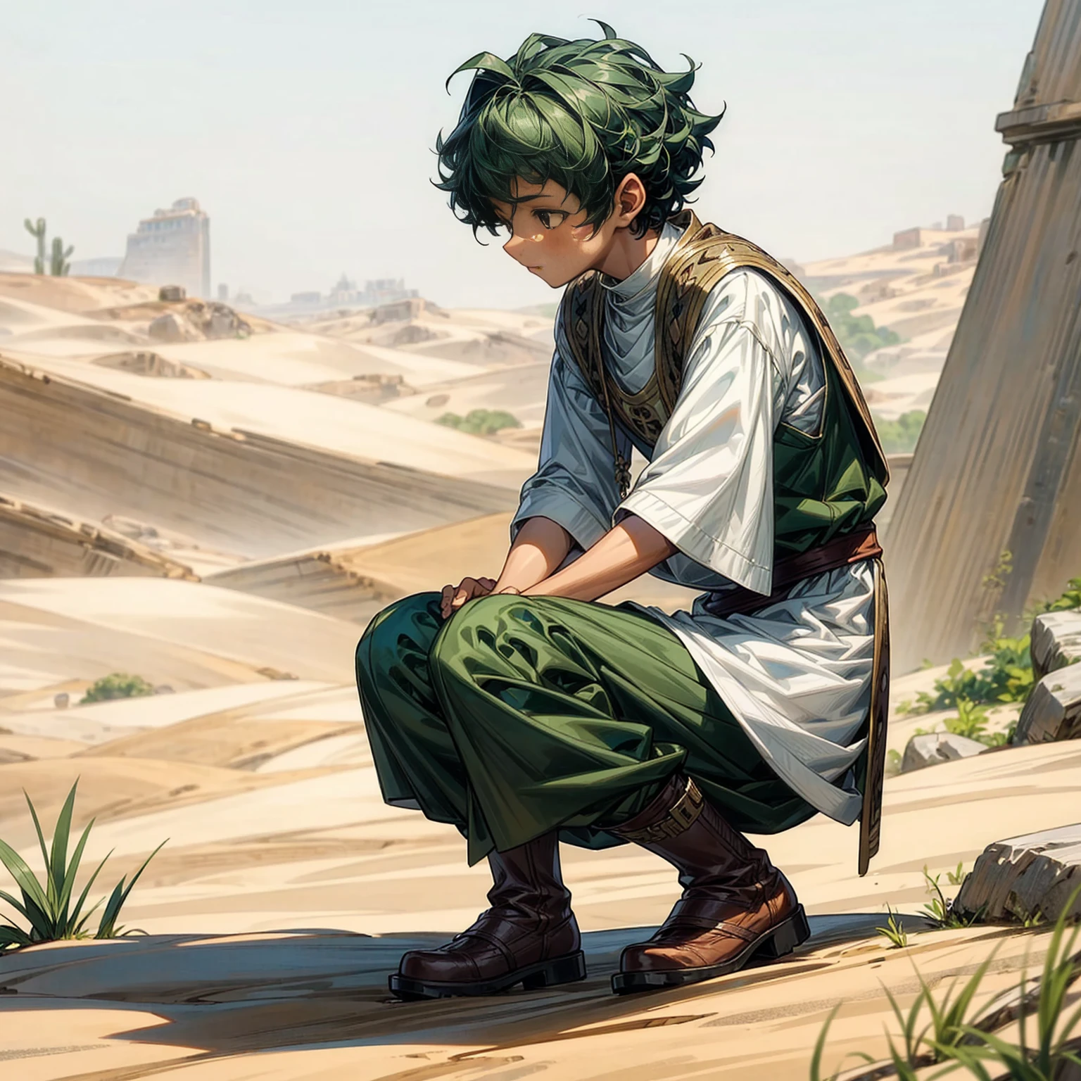 1little boy, Full body version, 1character, brown eyes color, dark skin, Curly cut hairstyle, small eyes type, green colour hair, doctor ancient roman clothing style, white color clothing, white Stola, Ancient roman boots, armor vest, Grassroots background in desert