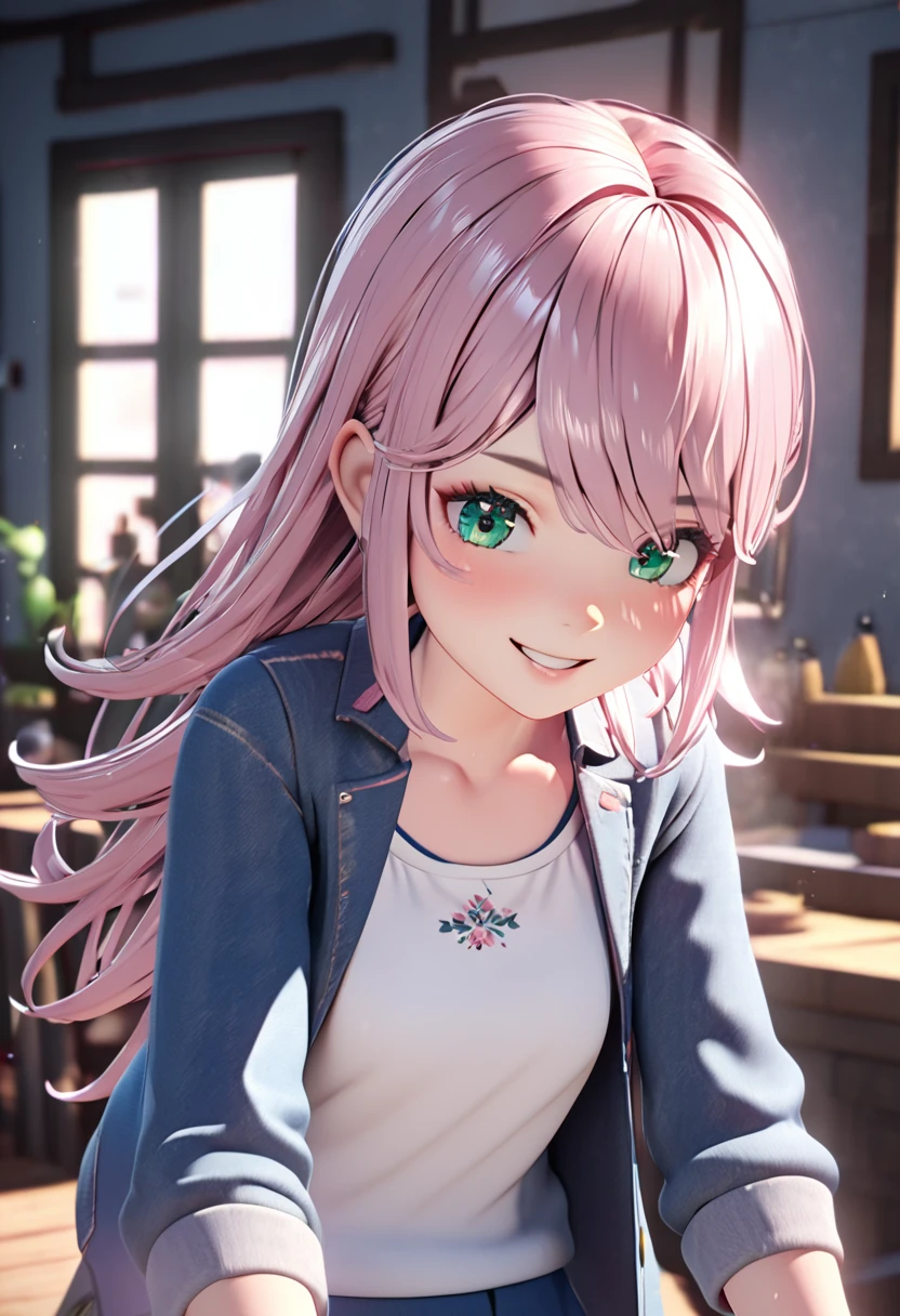 3D Animation, Very detailed, pink long hair, green eyes, blue jacket, white t-shirt, blue skirt, 1 woman, Smiling