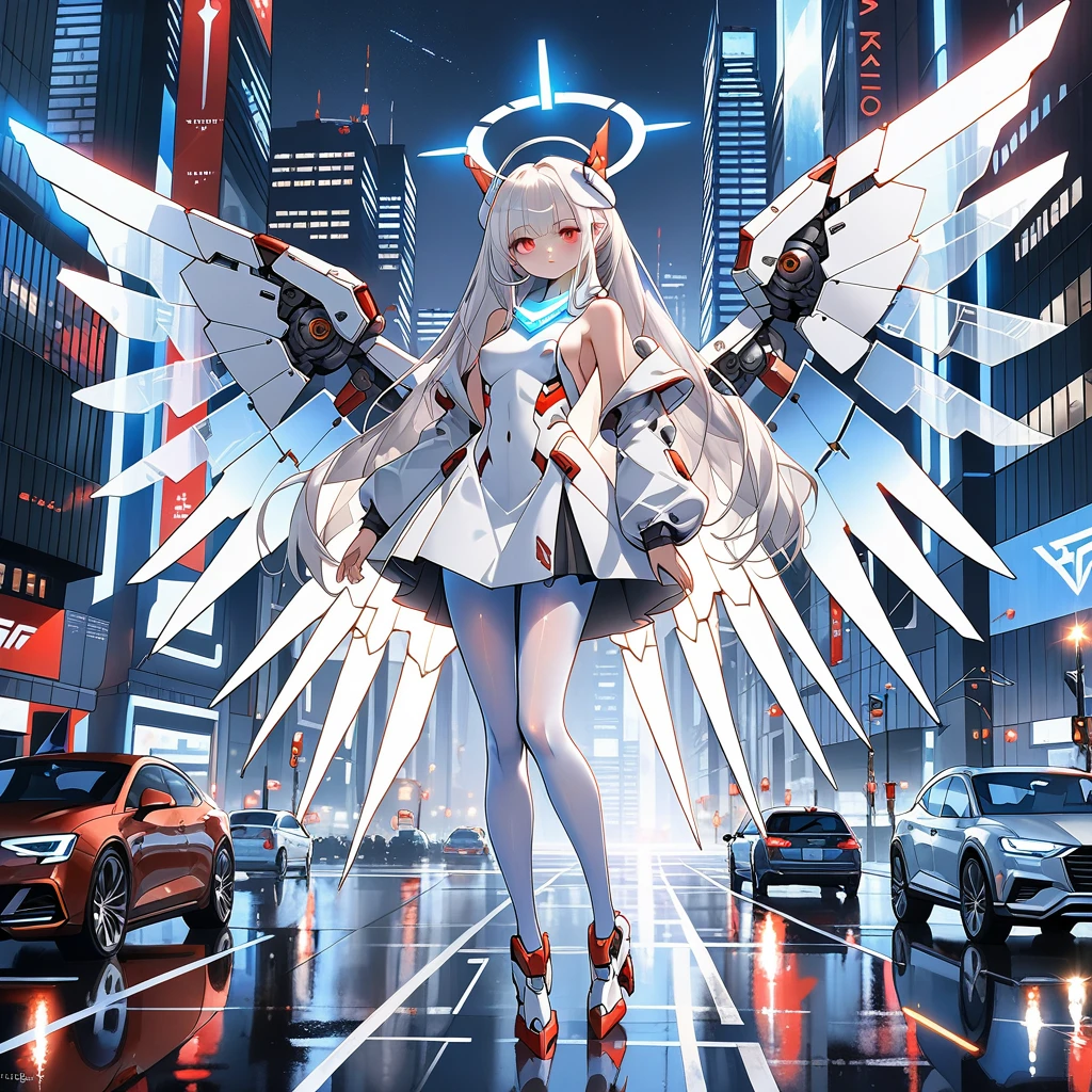 masterpiece, highest quality, highest resolution, clear_image, detailed details, white hair, long hair, 1 girl, car ears, red eyes, 32 futuristic wings, futuristic halo, white sci fi mecha dress, white scarf (around the neck withn a light blue glow), white pantyhose, full body, no water marks, city