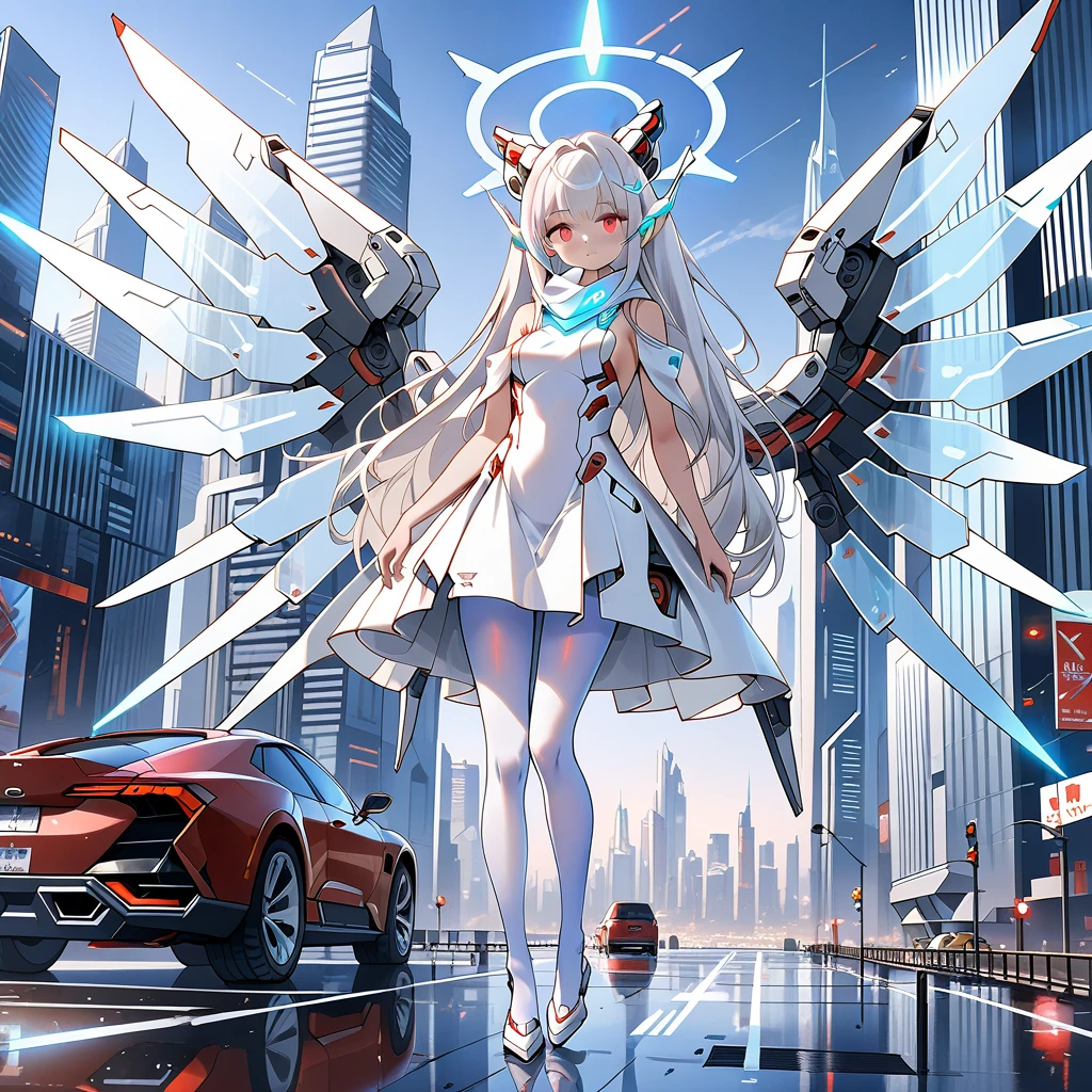 masterpiece, highest quality, highest resolution, clear_image, detailed details, white hair, long hair, 1 girl, car ears, red eyes, 32 futuristic wings, futuristic halo, white sci fi mecha dress, white scarf (around the neck withn a light blue glow), white pantyhose, full body, no water marks, city