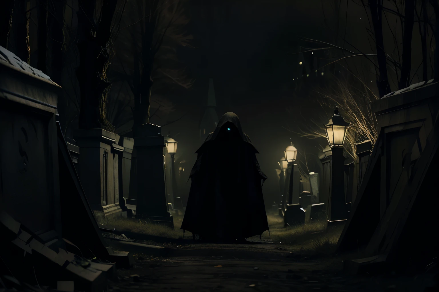 hooded figure, eerie graveyard, night, dark and mysterious, ominous atmosphere, tattered robes, horror-themed, unsettling presence, ancient tombstones, spooky setting, ghostly apparition, haunting scene