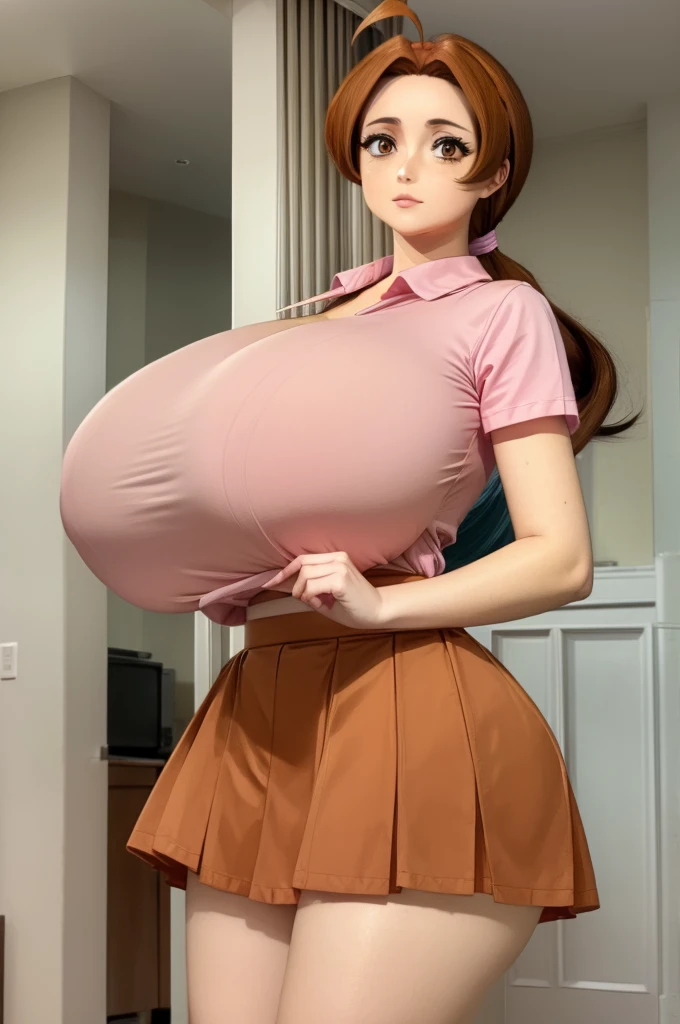 deliaketchum, deliaketchum, brown hair, (brown eyes:1.7), parted bangs, (ahoge:1.5), ponytail, low ponytail,
BREAK shirt, (pink shirt:1.2), short sleeves, skirt, tucked in shirt, blue skirt, long skirt, pleated skirt,
BREAK indoors,
BREAK looking at viewer, (cowboy shot:1.5),
BREAK (masterpiece:1.2), best quality, high resolution, unity 8k wallpaper, (illustration:0.8), (beautiful detailed eyes:1.6), extremely detailed face, perfect lighting, extremely detailed CG, (perfect hands, perfect anatomy), gigantic breasts, massive booty
