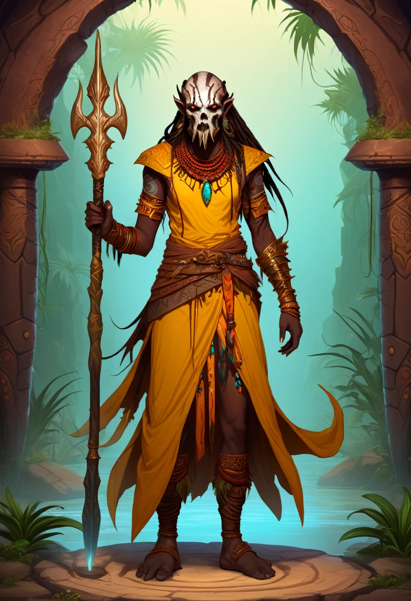 a medium quality digital illustration of the "Oracle of the Ochre Oasis" adoptable, featuring a cannibal with a new attitude, fantasy art, mystical, vibrant colors, character design, detailed, magical, front view, atmospheric lighting, character concept art, concept design, unique character, original character design, full body shot