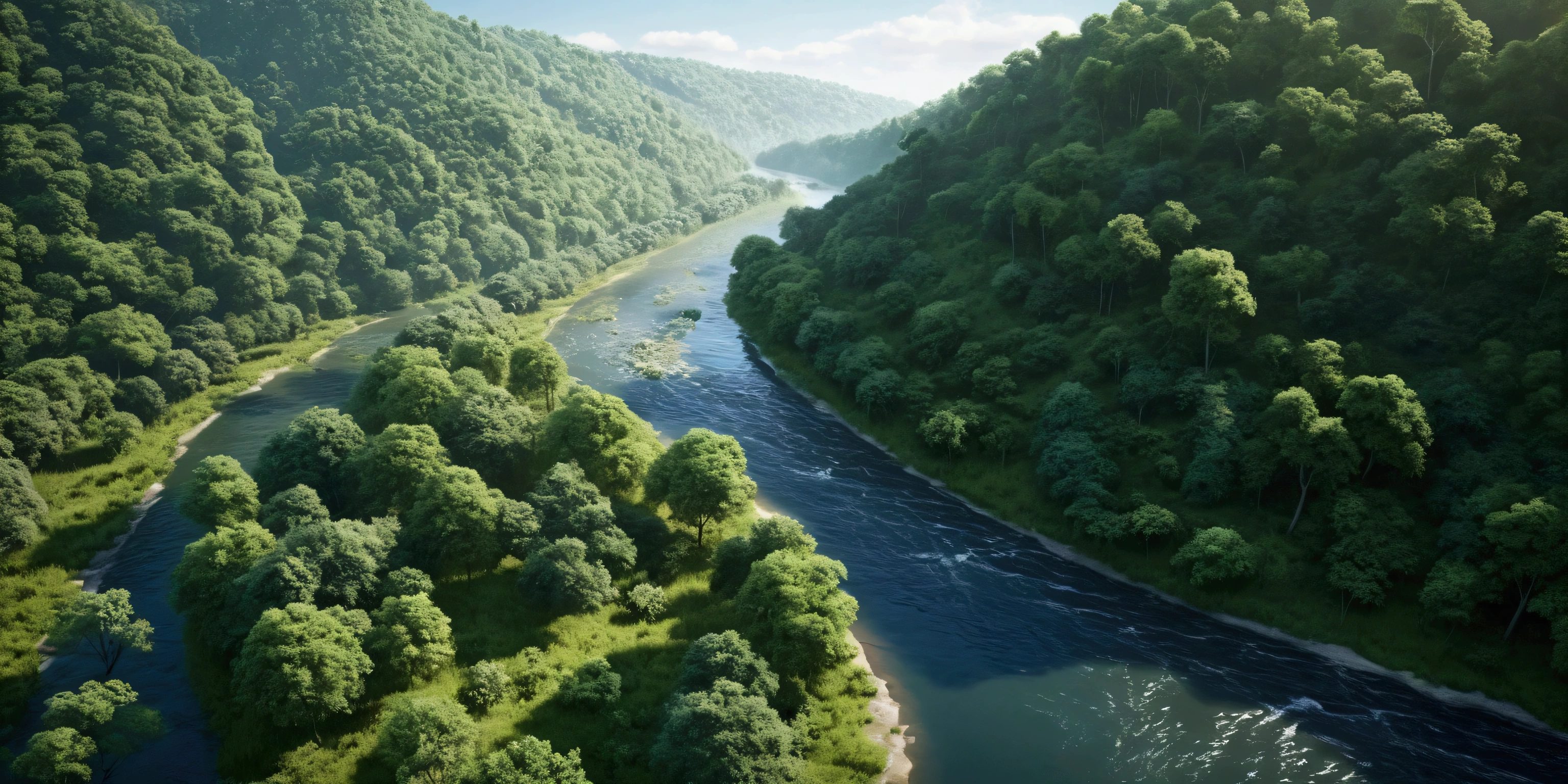 A beautiful natural landscape with green forests, clean rivers, and wildlife. Emphasize conservation and environmental beauty, 8k, hyper realistic