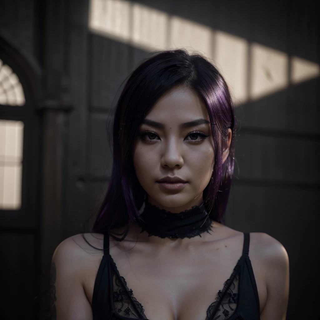 A beautiful Asian woman with striking purple hair, wearing a revealing black swimsuit, gothic accessories, and a sultry, confident expression, (best quality,4k,8k,highres,masterpiece:1.2),ultra-detailed,(realistic,photorealistic,photo-realistic:1.37),beautiful detailed eyes,beautiful detailed lips,extremely detailed eyes and face,longeyelashes,portrait,gothic,dark fantasy,dramatic lighting,high contrast,deep shadows