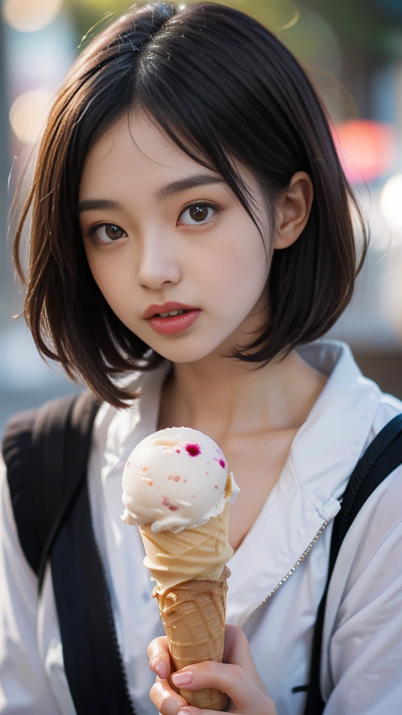 Cute Japanese Women, ((Licking ice cream)), ice cream cone, (holding ice cream cone: 1.4), (Sticking out tongue: 1.3), short hair, Natural Makeup, Melting ice cream, look at me, Brown Hair, Soft lips, 8K wallpaper incorporating highly detailed CG, High resolution, Realistic photos, Cinematic Light, (最high quality: 1.4), high quality, (((Bokeh))), Depth of written boundary.