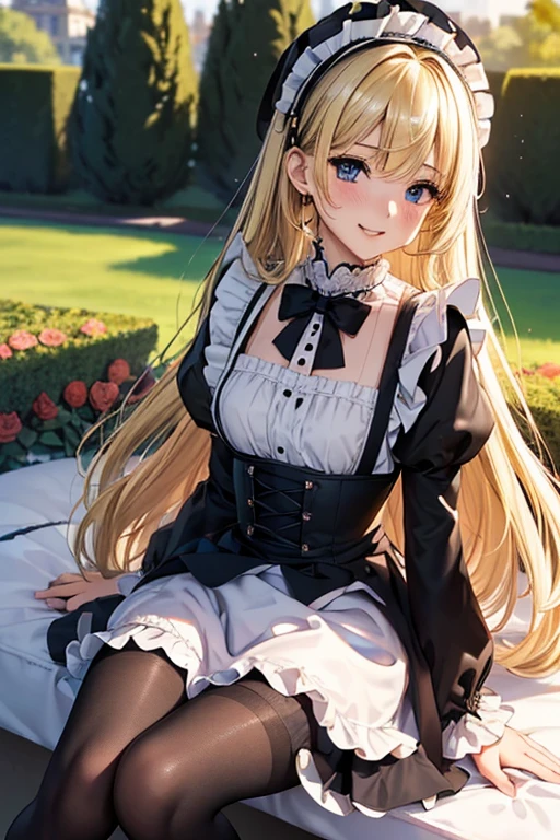 #基本
A girl is posing for a photo, ((One Girl)), (((Baby Face:1.2)) + ((cute:1.3))),
#A girl is posing for a photo, ((One Girl)), (((Baby Face)) + ((cute)) + 16 years old),
break
#Clothing Accessories
(((Black and white:1.4)Gothic Lolita style maid outfit) : Elegant + (Baroque Dress) + Gothic Lolita Fashion + Dark Gothic Lolita + (Black and white)jabot + (black corset) + ((Black and white)Headdress) + ((Black and white)bonnet) + (White apron)) + (Black Pantyhose:1.4) + (Black High Heels),
red gem earrings,
break
#Features
((Blonde:1.4)), (Straight bangs + trimmed bangs), (Long Hair : Long Hair + Straight hair + Straight side hair),
(Droopy eyes, blue eyes), (Very small breasts),
break
#background environment
(noon, (The garden of a large Western-style mansion + grass + Sunlit rose garden)),
#Facial Expression Pose
((Smiling loudly, blush), (Confident and elegant appearance, (grassの上に座っている), (Sitting with knees up:1.2))),
#composition
(To the camera, Focus from the front, (Cowboy Shot)),
break
#Body parts elements
(Slim figure),
(Detailed Hair, Beautiful Hair, Shiny Hair),
(double eyelid, Long eyelashes),
(Expression of fine eyes, Beautiful and delicate eyes, Sparkling eyes, Eye Reflexes, Glitter Eyeliner, Big eyes:1.2),
(Human Ear),
(Beautiful Nose, Thin Nose),
(Glossy Lips, Beautiful Lips, Thick lips, Glossy Lips, Natural Cheeks),
(Detailed face, Symmetrical facial features),
(Detailed skin, Textured skin, Beautiful Skin, Glowing Skin),
break
#Quality Image Quality Common
(((Highest quality)), ((masterpiece)), ((Very detailed))), ((High resolution)), ((16K,1080P)),
(Anatomically correct), (Realistic), (3DCG),
#Quality image illustration
((comics, anime)), CG illustration,