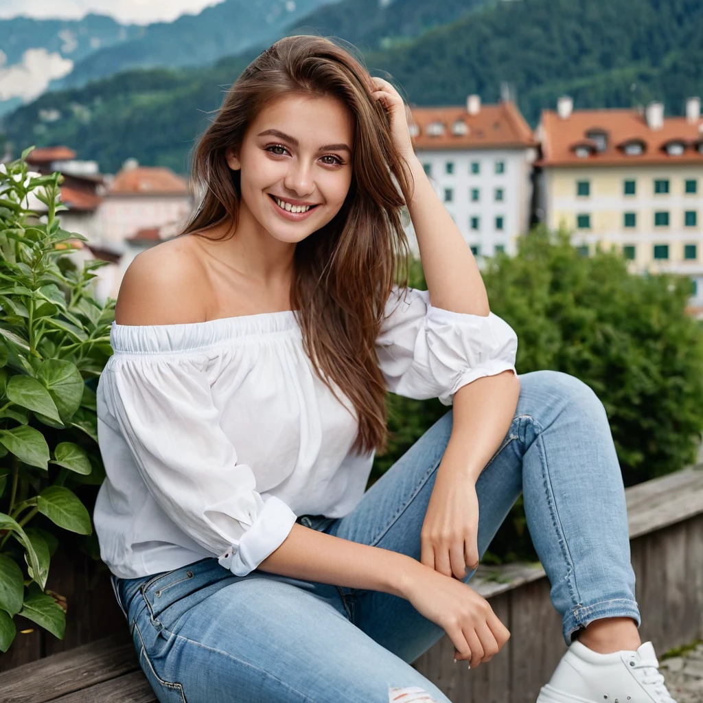 Extreme Beautiful woman from austria, hyperrealistic face, medium-sized eyes, small nose, long brown hair, 25 years old, model posing, smiling, sitting, jeans, white offshoulder belly shirt, white sneakers, from beside, medium breasts, outside