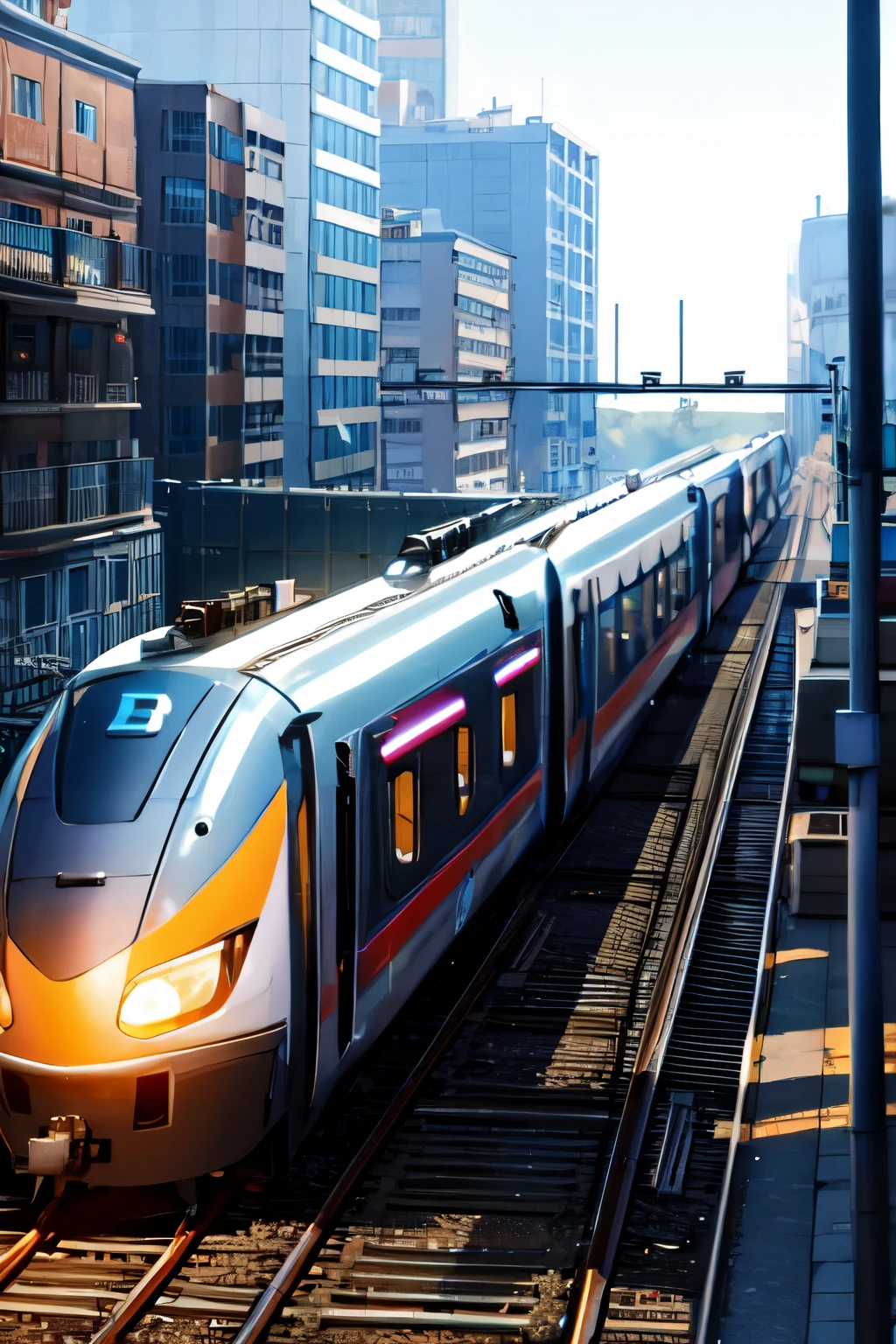 ((best quality)), ((masterpiece)), (detailed), a futuristic fast train(perfect shape aerodinamic) is moving fastly at the city, bright colors, many people standing and waiting.