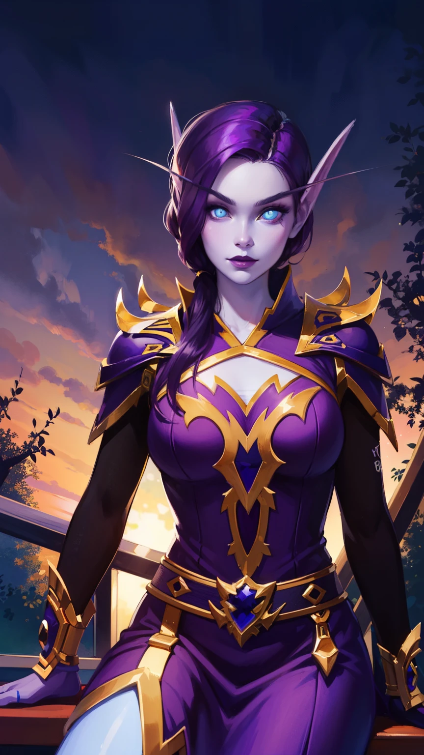 (8K, RAWphotograph, highest quality, masterpiece:1.2), High resolution, Super detailed, intricate details, disorganized, masterpiece, break , beautiful detailed woman, beautifully detailed mouth, highly detailed eyes and face, beautiful and fine eyes, 20 years old girl, (1girl, purple hair, short hair, spiral eyes, lustful eyes, smirk, lick lips, purple lips) (digital) (looking at viewer) (body facing viewer) (sitting on chair), (Purple Forest background), (Sparkling Dress) (purple Dress)) , best quality, blue eyes, pointy ears, colored skin, blue skin, sleeves, Gloves, gold trim, voidelf