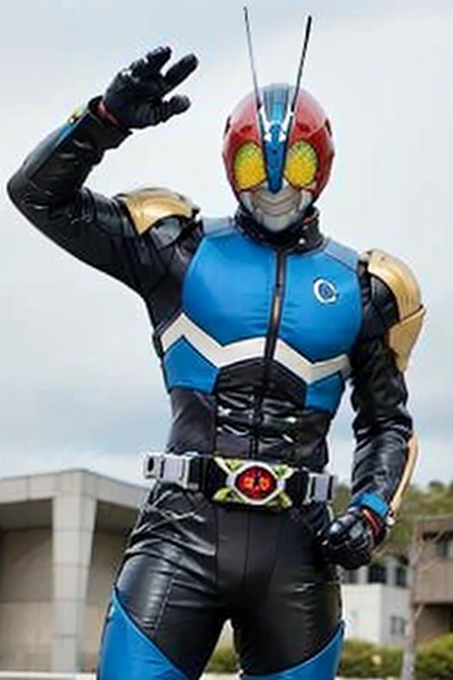 ((Highest quality)), ((masterpiece)), (detailed), Kamen Rider helmet, open mouth, Kamen Rider Suit, cool, handsome young teenage man, bulging crotch