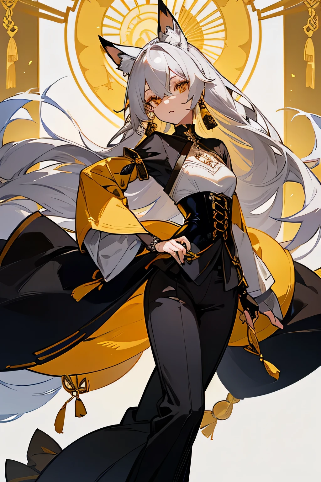 woman. Long silver hair with golden tips. Golden eyes. fox ears. bald tail. Earring in the shape of a gold tassel. Black bow on hair. Black top. High collar and sleeve lanterns. Skin corset. black pants. White long skirt. anime. fantasy.