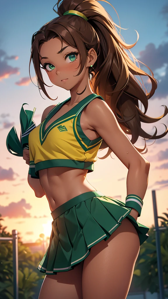 (masterpiece), (4k), )vivid colors), (evening light) 12-year-old woman with very tanned skin, green eyes, with wavy brown hair with a high ponytail dressed in a ((sexy cheerleader costume, skirt and low-cut top))