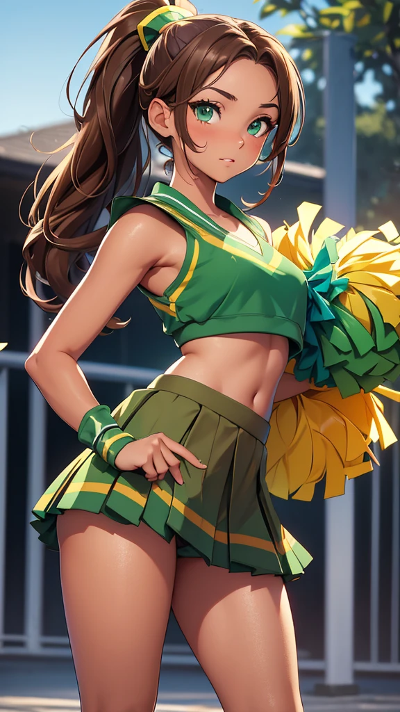 (masterpiece), (4k), )vivid colors), (evening light) -yeld wo with very tanned skin, green eyes, with wavy brown hair with a high ponytail dressed in a ((sexy cheerleader costume, skirt and low-cut top))