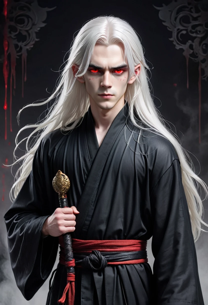 full length, Boy of medium build, Long white hair, Pale skin, Black robe, Red Eyes, Calm gaze, Bruising under the eye
