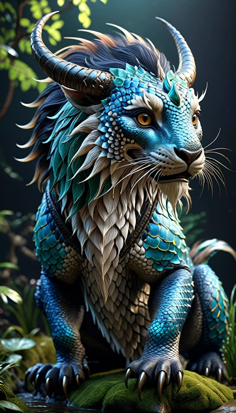 水中有一种Fantasy Creatures(best quality,4K,8k,High level,masterpiece:1.2),Ultra Detailed,(lifelike,Photo real,Photo real:1.37),Highly detailed animals,Complex patterns,Realistic lighting,Fantasy Creatures