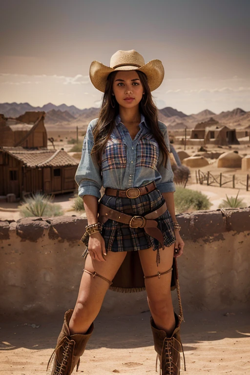 a cowgirl riding a big horse with long neck in a desert village, detailed cowgirl outfit with cowgirl hat, detailed horse with saddle, detailed desert village buildings, detailed desert landscape, dramatic lighting, cinematic composition, vivid colors, photorealistic, intricate details, high quality, photorealistic, cinematic lighting, vibrant colors, fantasy art style, dramatic lighting, detailed facial features, long eyelashes, beautiful detailed eyes, beautiful detailed lips attire including a wide-brimmed hat, a plaid shirt, leather chaps, and boots with spurs, short skirt,