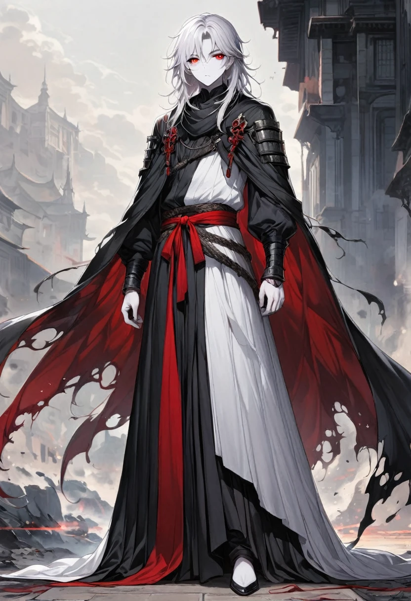 full length, Boy of medium build, Long white hair, Pale skin, Black robe, Red Eyes, Calm gaze, Bruising under the eye