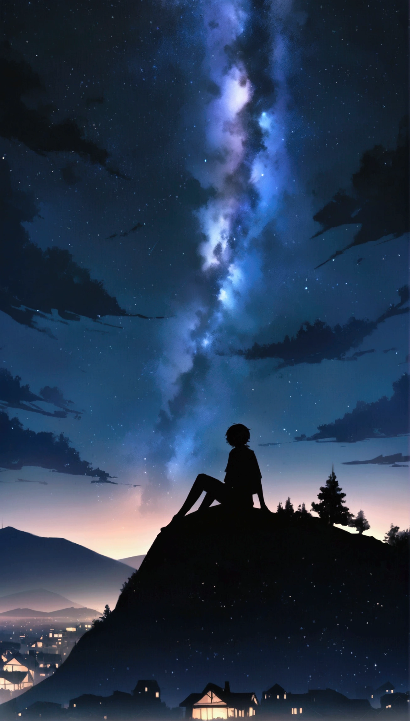 Mountain top,The city lights at the foot of the mountain,Firefly Light,流star群,null, star (null), landscape, starry null, night , night null, alone, Outdoor, building, cloud, milky way, Sitting, wood, male, city, silhouette, town、Broken Heart、Xin Haichen