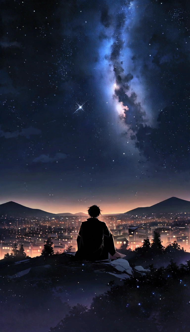 Mountain top,The city lights at the foot of the mountain,Firefly Light,流star群,null, star (null), landscape, starry null, night , night null, alone, Outdoor, building, cloud, milky way, Sitting, wood, male, city, silhouette, town、Broken Heart、Xin Haichen