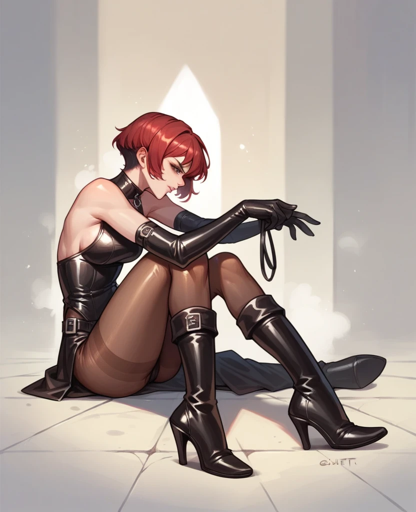 Sexy Scarlett overkill with long gloves and pantyhose with high heels long boots and short hair and gitur electric metal femdom
