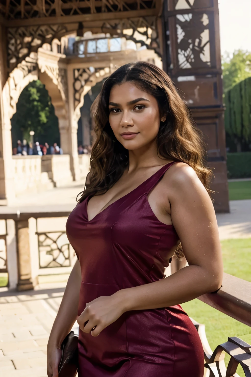 Beautiful Moroccan with dark brown eyes, 28 years old, woman a red dress, stylish red long dress, full body view, elegant classic outfit, in tour Eiffel , in tour Eiffel Paris, almond-shaped eyes, oval face shape, plus size body, extra large body, XXL body, prominent cheekbones, naturally wavy hair, high resolution, masterpiece, best quality, complex details, highly detailed, sharpness, detailed skin texture, eye details, profession, 4k resolution, charming smile, shot with Conon, depth of field, kodak vision color, 100kg, extremely detailed, ultra-realistic photography ,photo realistic, post processing, maximum detail, true to life, Instagram model.
