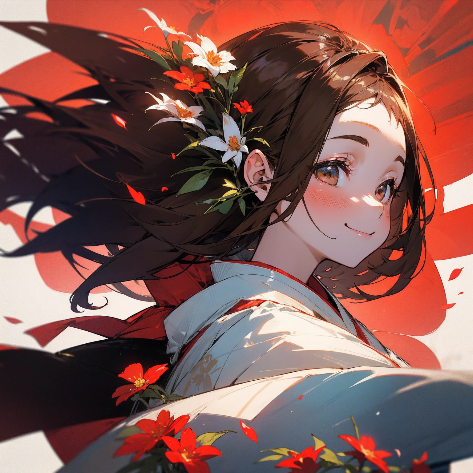 (beautifully、beautiful:1.2)、(1 girl:1.3)、(Brown Hair:1.2)、Wear a red kimono、miracle、happinessそうなsmile、smile、happiness、Red and white flowers、In the French city、