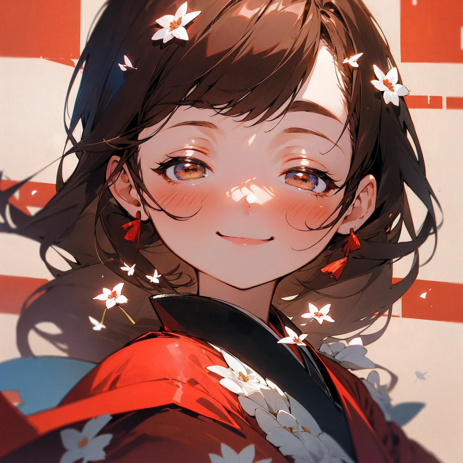 (beautifully、beautiful:1.2)、(1 girl:1.3)、(Brown Hair:1.2)、Wear a red kimono、miracle、happinessそうなsmile、smile、happiness、Red and white flowers、In the French city、