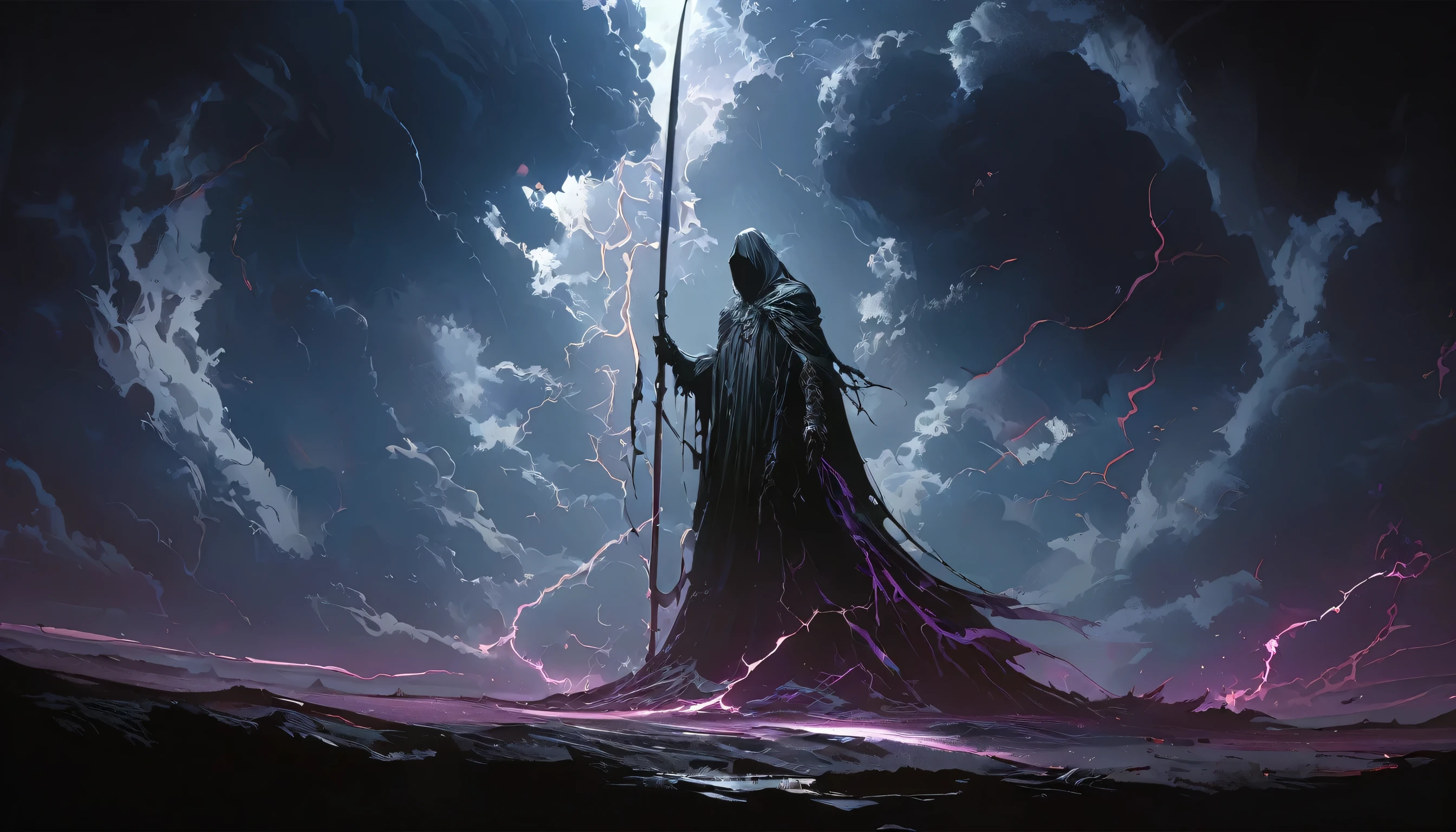 (masterpiece, best quality:1.2), Death in a mass grave,cloak,Holding a white sickle,moonlight,heavily clouded,Thunder and lightning, Dark fantasy illustration style , Dark Arts, High contrast, Dark Shadows, Atmospheric perspective, Melancholic colors, Thin Film Component, Volumetric Lighting, number, Brushstrokes, Dramatic Lighting, Low angle shot, Surrealism, Very detailed, Surrealism