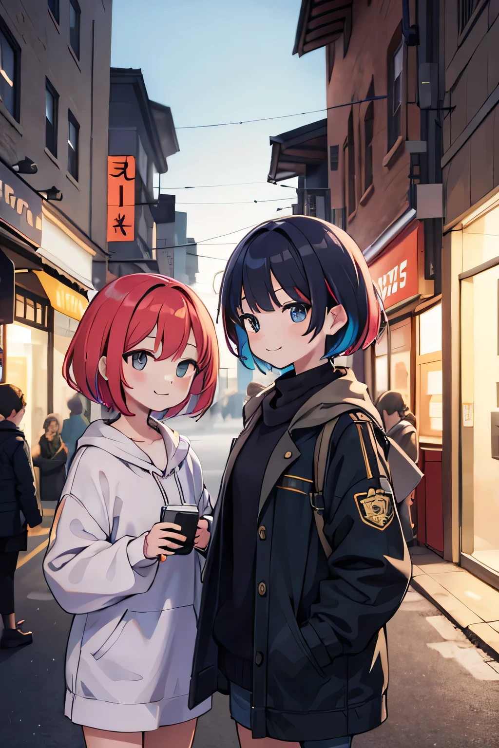 (masterpiece), Highest quality, High resolution, Very detailed, Detailed Background, Perfect lighting, Two Girls, Outdoor, City Street, Multicolored Hair, A light smile, Look at other people, Look at other people,