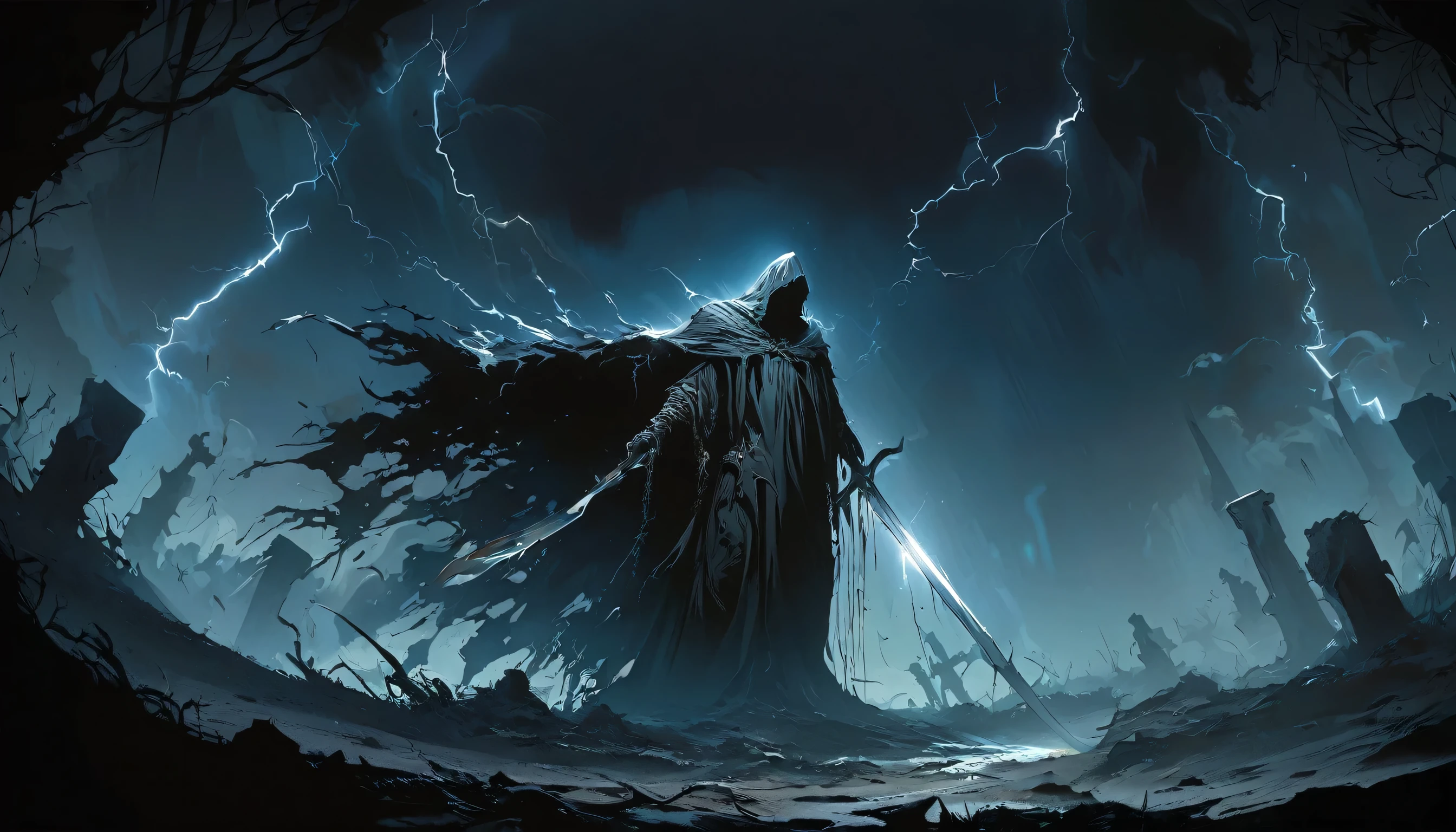 (masterpiece, best quality:1.2), Death in a mass grave，cloak，Holding a white sickle，moonlight，heavily clouded，Thunder and lightning， Dark fantasy illustration style , Dark Arts, High contrast, Dark Shadows, Atmospheric perspective, Melancholic colors, Thin Film Component, Volumetric Lighting, number, Brushstrokes, Dramatic Lighting, Low angle shot, Surrealism, Very detailed, Surrealism